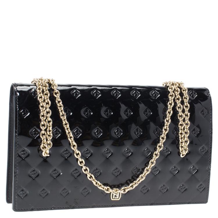 Pre Owned Fendi Black Patent Leather Fendilicious Wallet On Chain