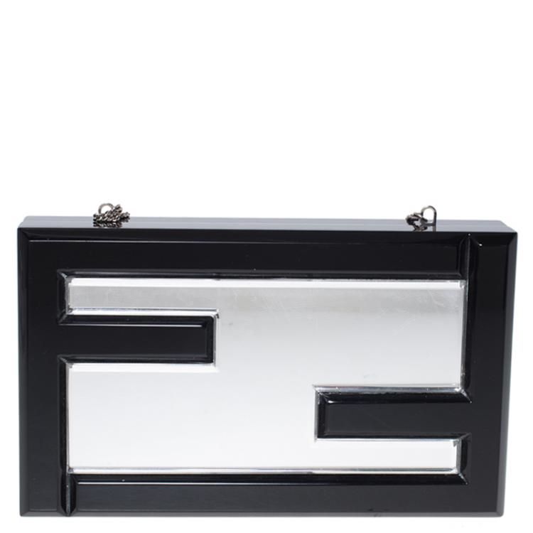 Pre Owned Fendi Black/Silver Resin Logo Box Clutch