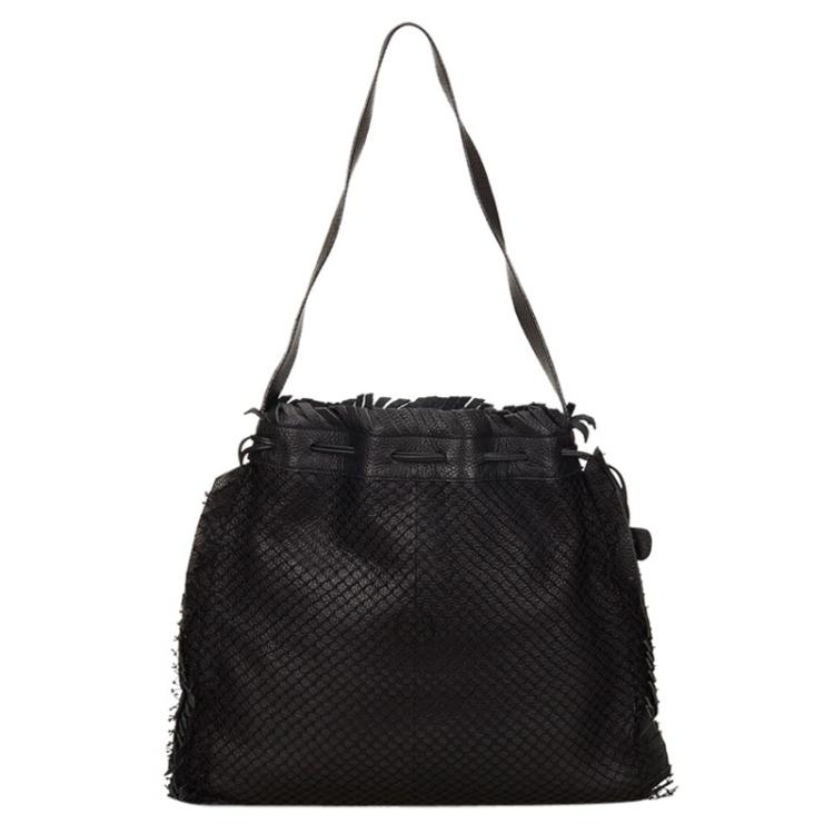 Pre Owned Fendi Black Mesh/Leather Drawstring Shoulder Bag