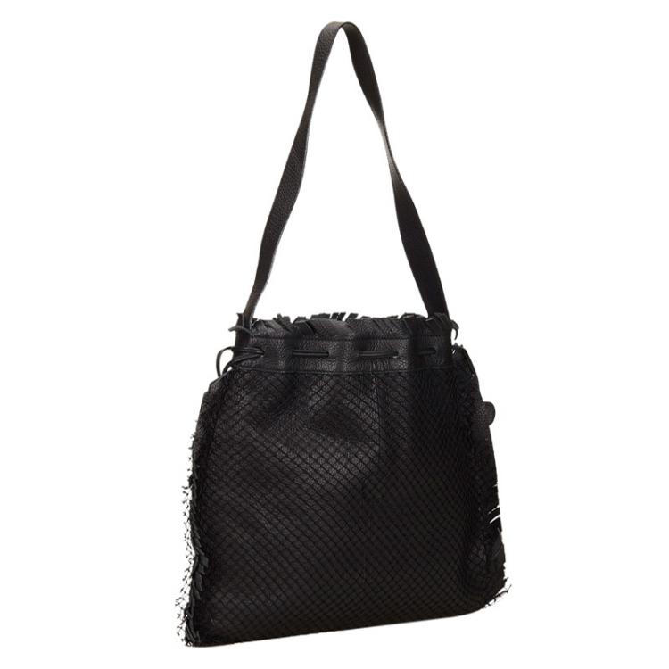 Pre Owned Fendi Black Mesh/Leather Drawstring Shoulder Bag