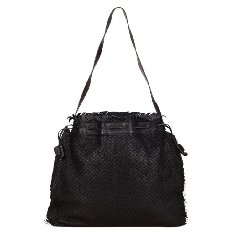 Pre Owned Fendi Black Mesh/Leather Drawstring Shoulder Bag