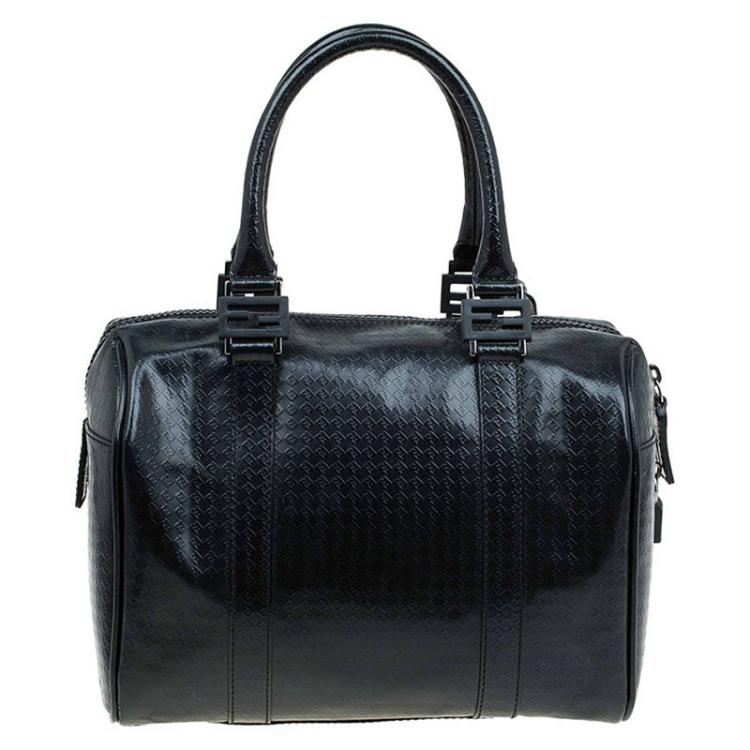Pre Owned Fendi Black Zucca Embossed Patent Leather Forever Bauletto Boston Bag