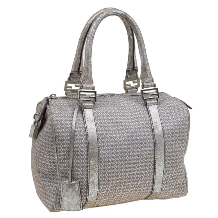 Pre Owned Fendi Metallic/Brown Canvas Forever Bauletto Boston Bag