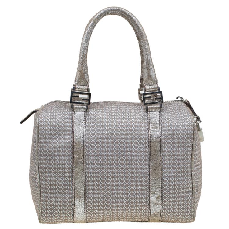 Pre Owned Fendi Metallic/Brown Canvas Forever Bauletto Boston Bag