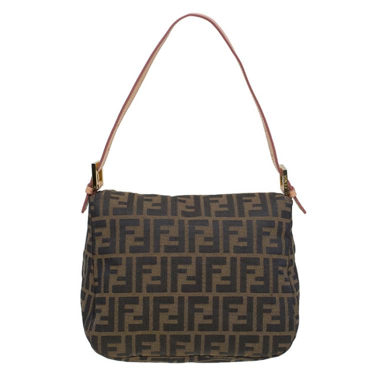 Pre Owned Fendi Tobacco Zucca Canvas Crystal Embellished Baguette Shoulder Bag