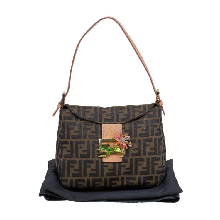 Pre Owned Fendi Tobacco Zucca Canvas Crystal Embellished Baguette Shoulder Bag