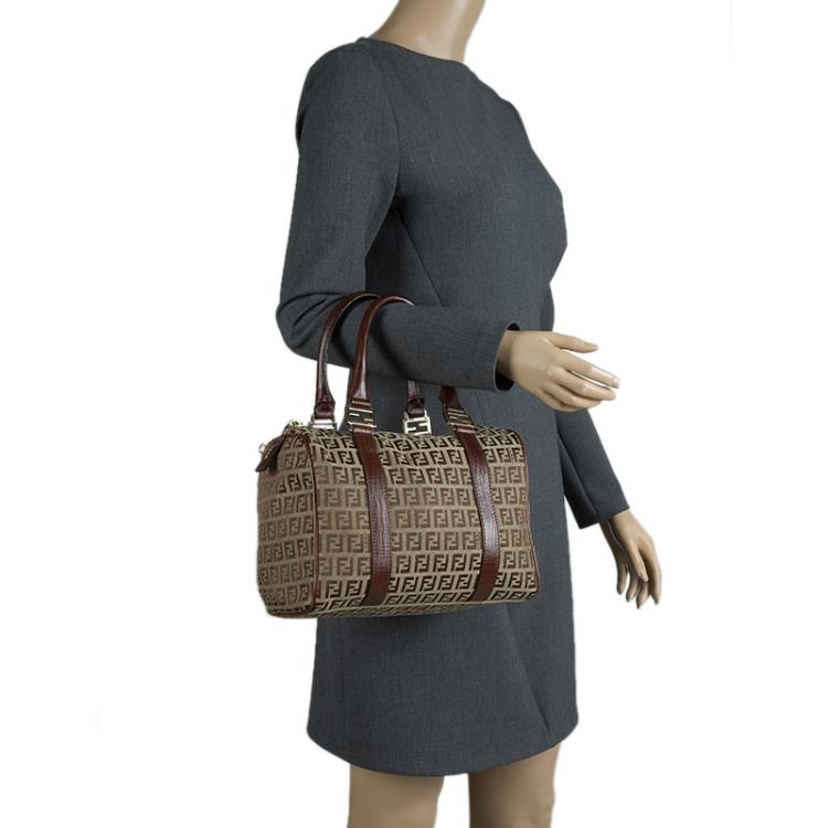 Pre Owned Fendi Brown Zucchino Canvas Bauletto Boston Bag