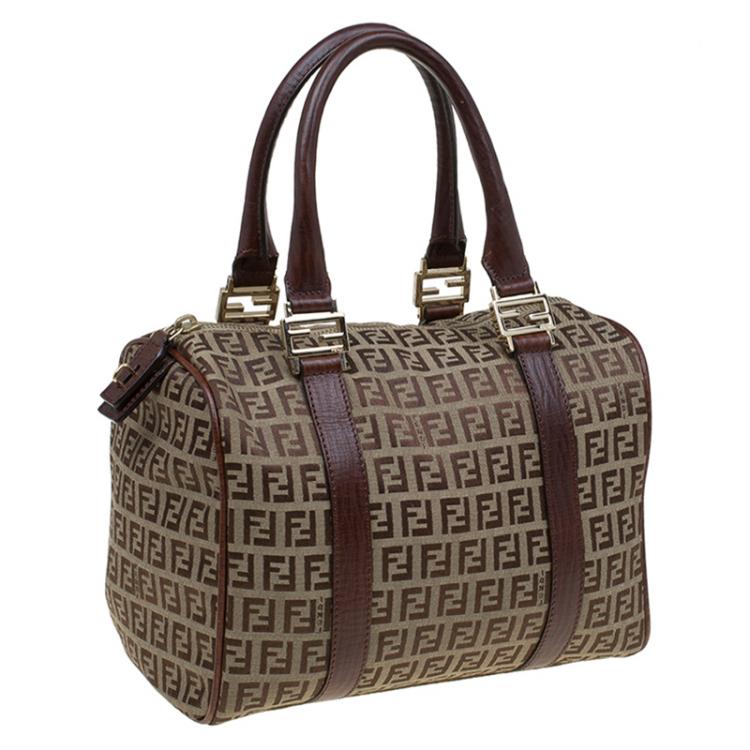 Pre Owned Fendi Brown Zucchino Canvas Bauletto Boston Bag