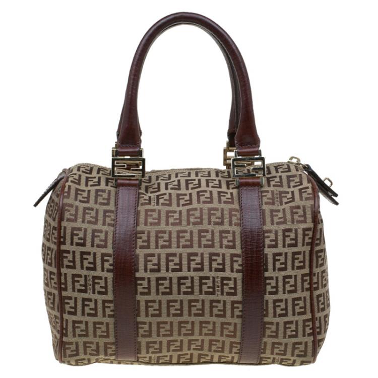 Pre Owned Fendi Brown Zucchino Canvas Bauletto Boston Bag
