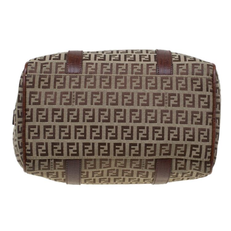 Pre Owned Fendi Brown Zucchino Canvas Bauletto Boston Bag