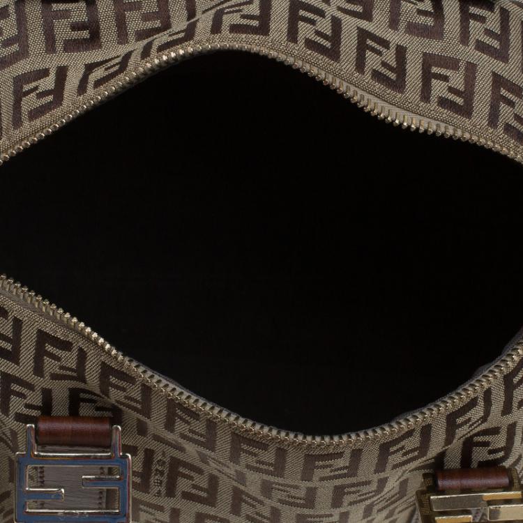Pre Owned Fendi Brown Zucchino Canvas Bauletto Boston Bag