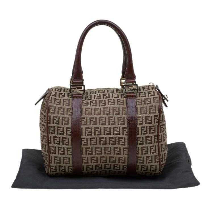 Pre Owned Fendi Brown Zucchino Canvas Bauletto Boston Bag