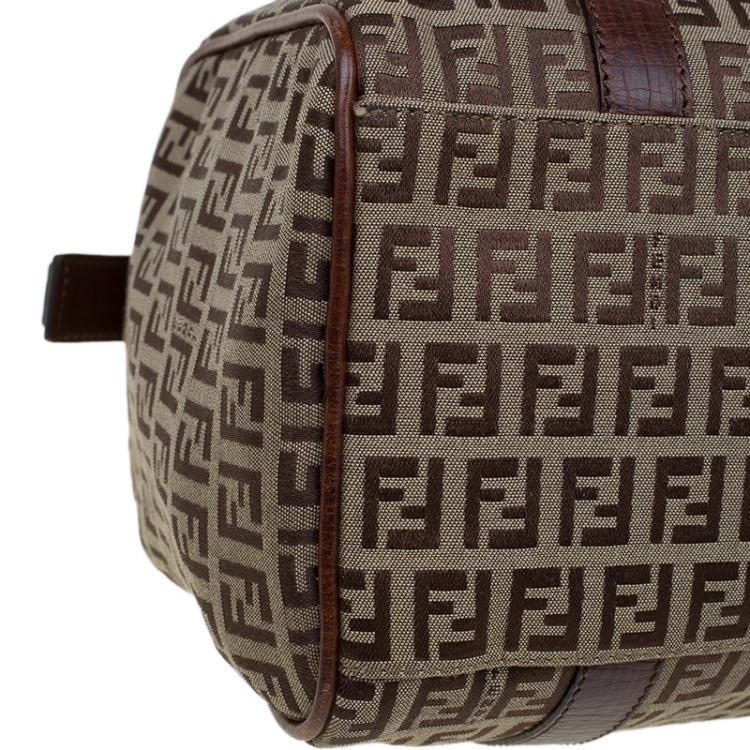 Pre Owned Fendi Brown Zucchino Canvas Bauletto Boston Bag