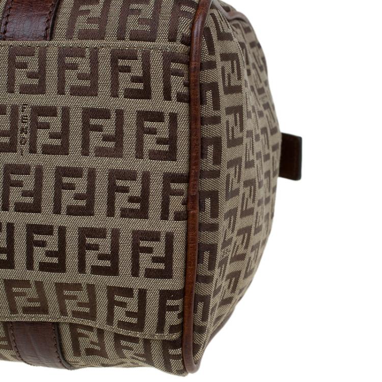 Pre Owned Fendi Brown Zucchino Canvas Bauletto Boston Bag