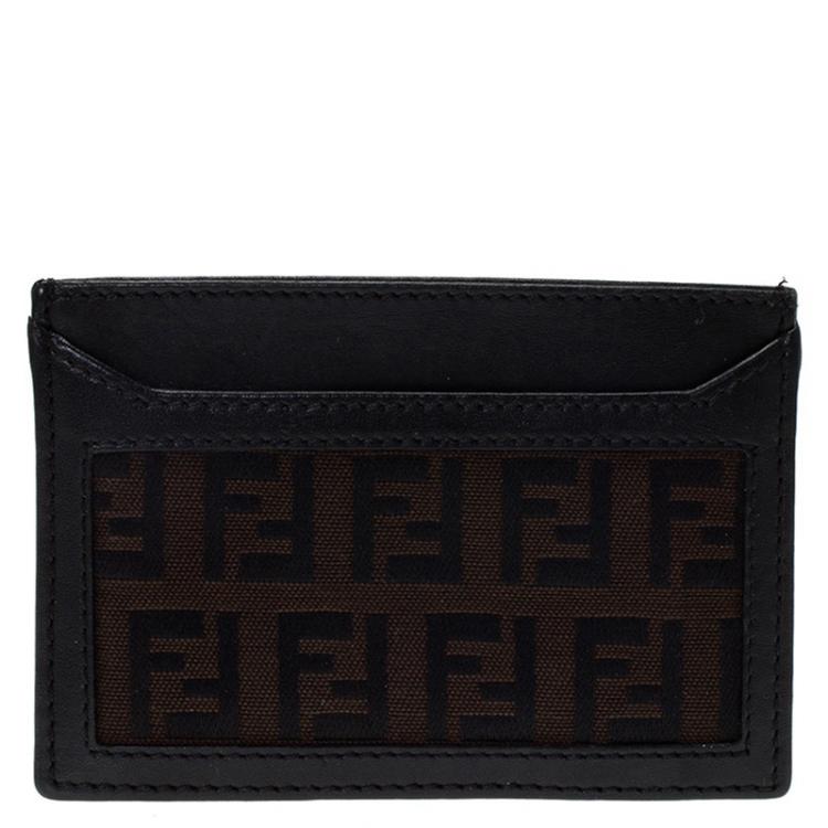 Pre Owned Fendi Brown Zucchino Canvas and Leather Card Holder