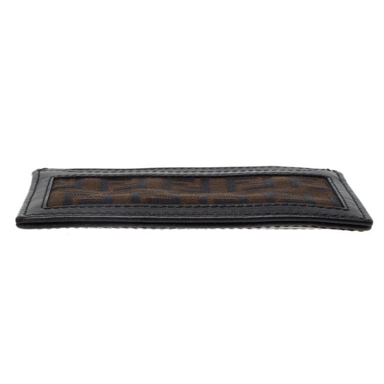 Pre Owned Fendi Brown Zucchino Canvas and Leather Card Holder