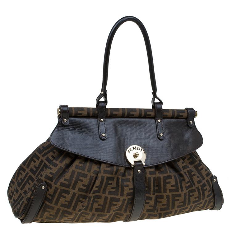 Pre Owned Fendi Tobacco Zucca Canvas and Leather Large Magic Bag