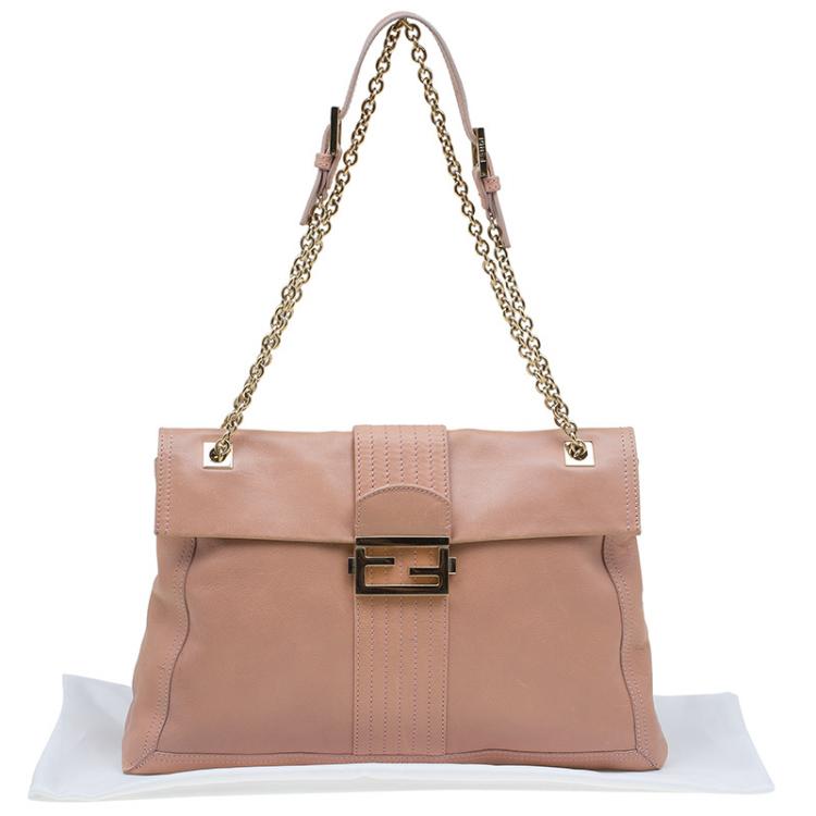 Pre Owned Fendi Beige Leather Maxi Baguette Flap Shoulder Bag