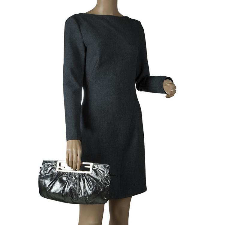 Pre Owned Fendi Metallic Grey Leather Cutout Handle Clutch