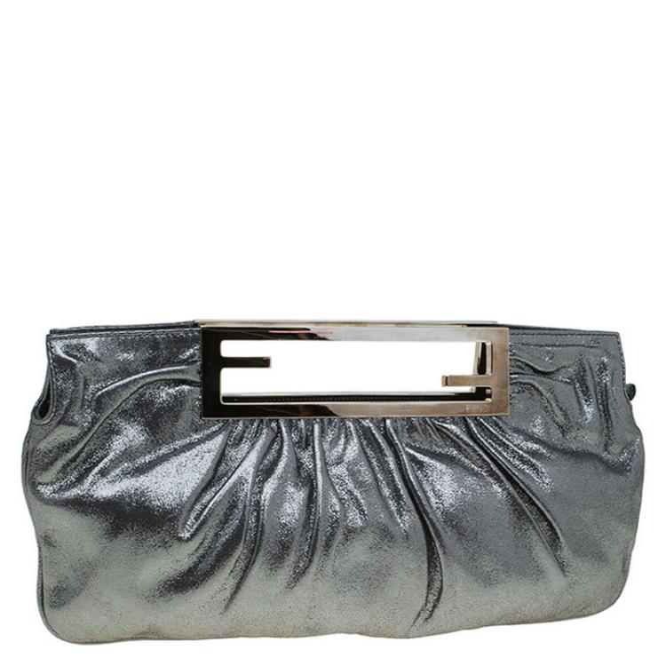 Pre Owned Fendi Metallic Grey Leather Cutout Handle Clutch