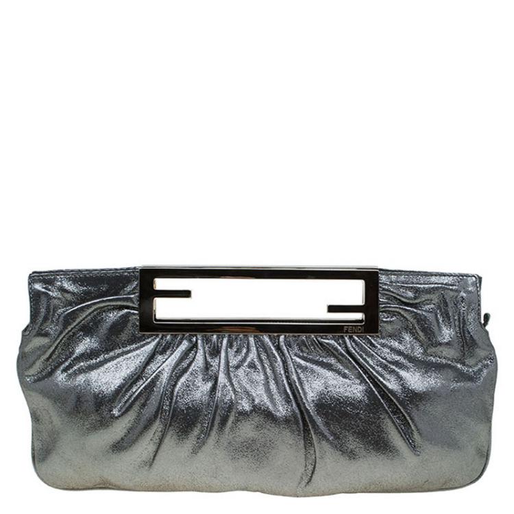 Pre Owned Fendi Metallic Grey Leather Cutout Handle Clutch