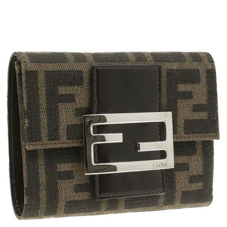 Pre Owned Fendi Tobacco Zucca Canvas Compact Wallet