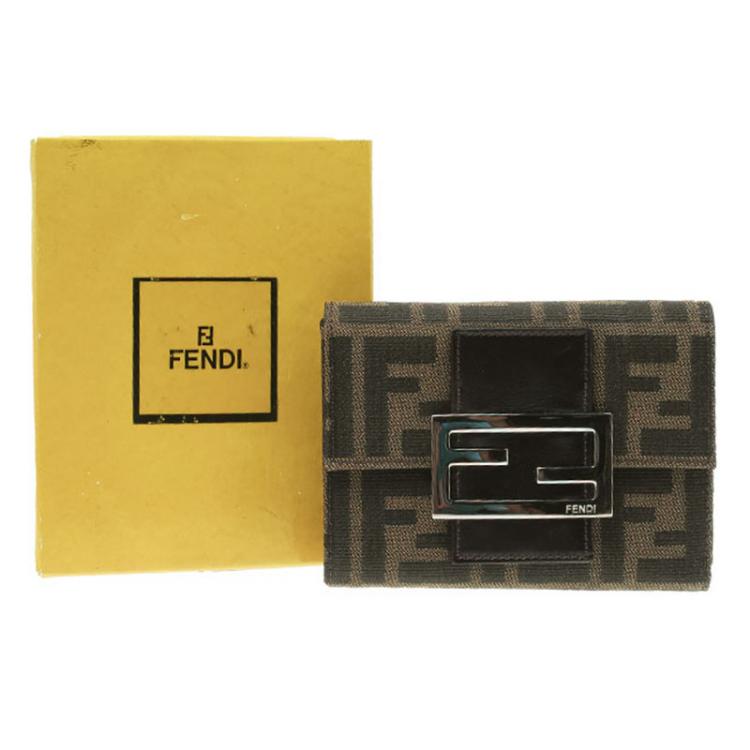 Pre Owned Fendi Tobacco Zucca Canvas Compact Wallet