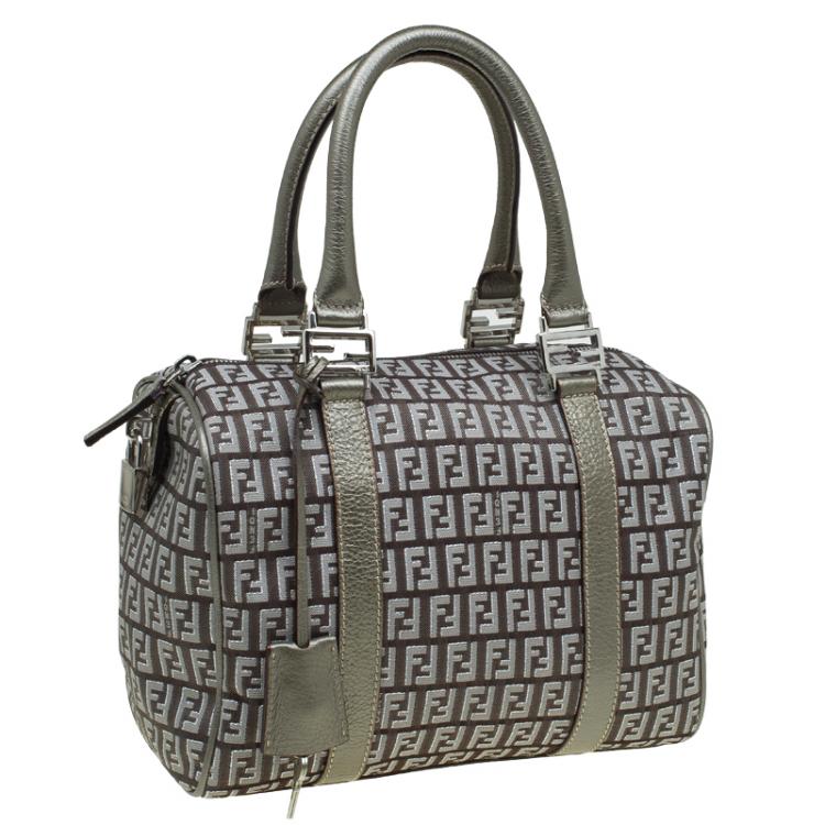 Pre Owned Fendi Grey Zucchino Canvas Small Forever Bauletto Boston Bag