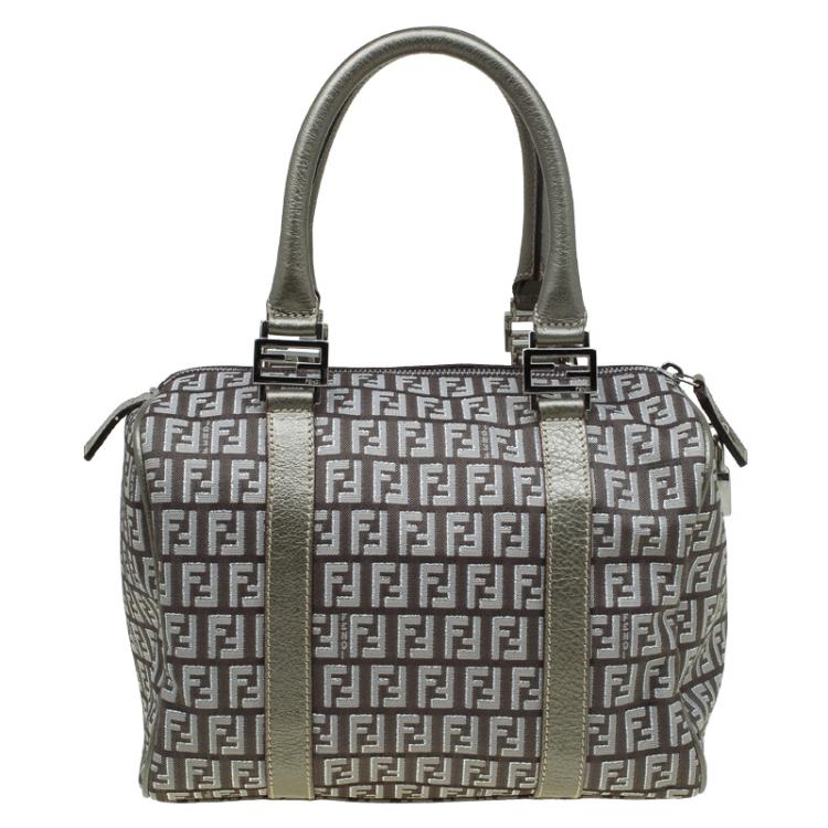 Pre Owned Fendi Grey Zucchino Canvas Small Forever Bauletto Boston Bag