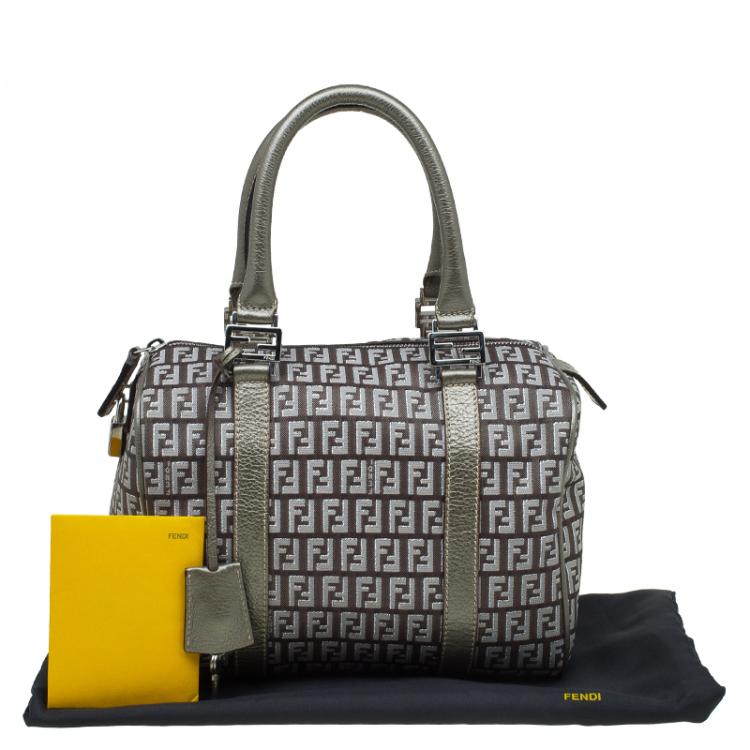 Pre Owned Fendi Grey Zucchino Canvas Small Forever Bauletto Boston Bag
