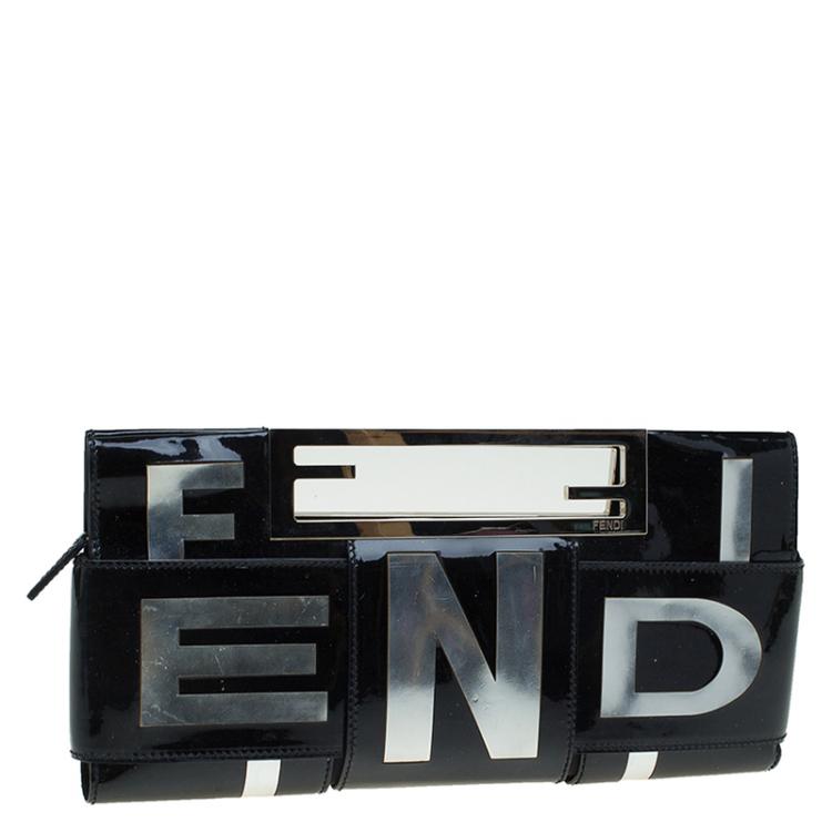Pre Owned Fendi Black Patent Leather Crossword Clutch
