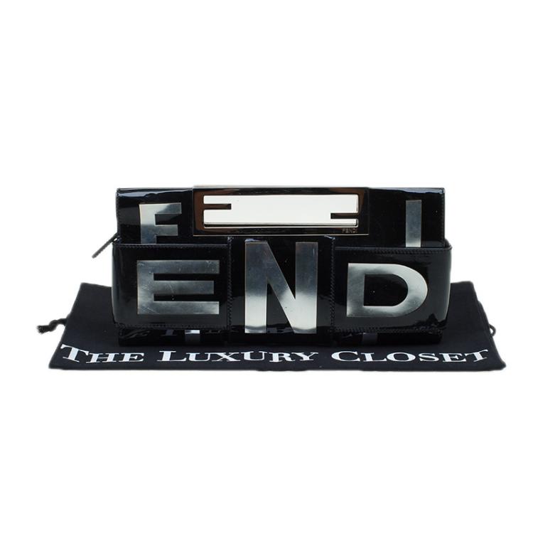 Pre Owned Fendi Black Patent Leather Crossword Clutch