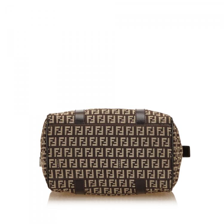 Pre Owned Fendi Tobacco Zucchino Canvas Small Boston Bag