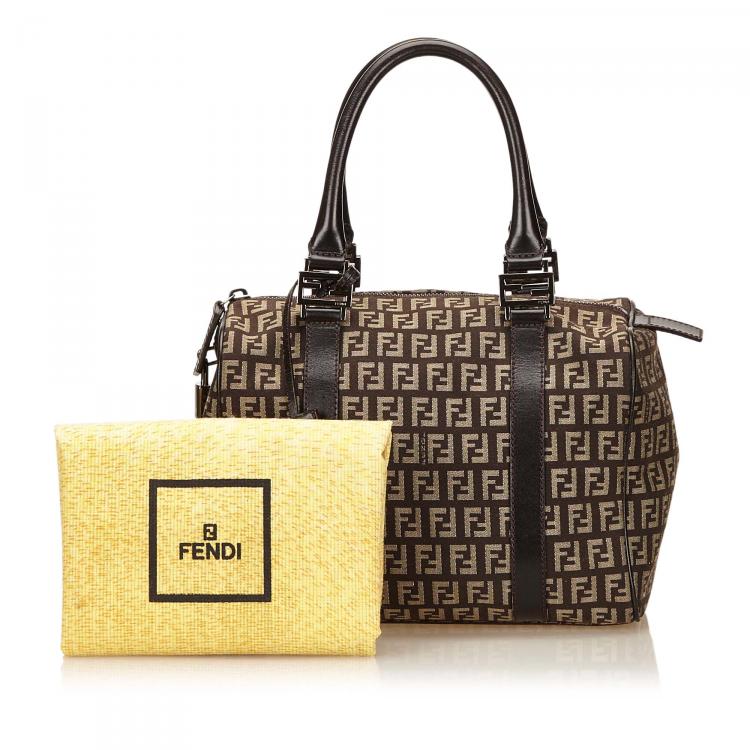 Pre Owned Fendi Tobacco Zucchino Canvas Small Boston Bag