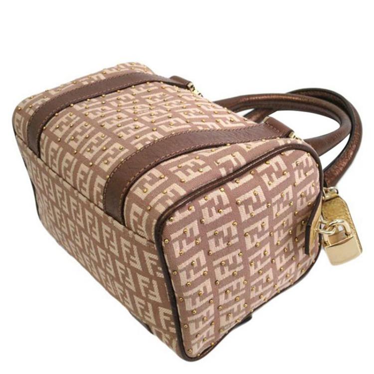 Pre Owned Fendi Tobacco Zucchino Canvas Mini Studded Forever Bauletto Boston Bag