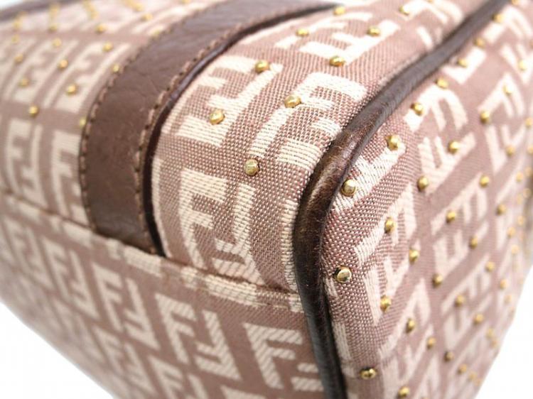 Pre Owned Fendi Tobacco Zucchino Canvas Mini Studded Forever Bauletto Boston Bag