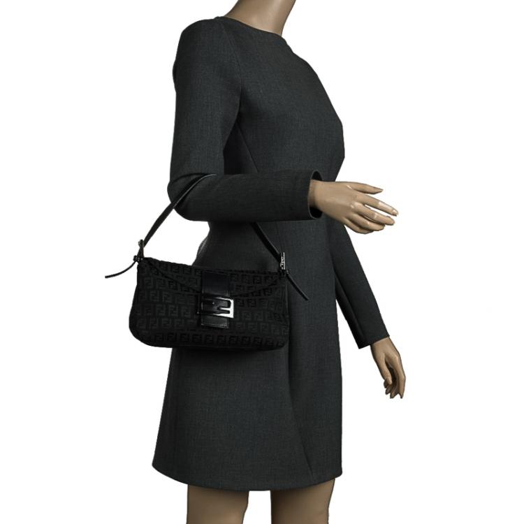 Pre Owned Fendi Black Zucchino Fabric Baguette Shoulder Bag