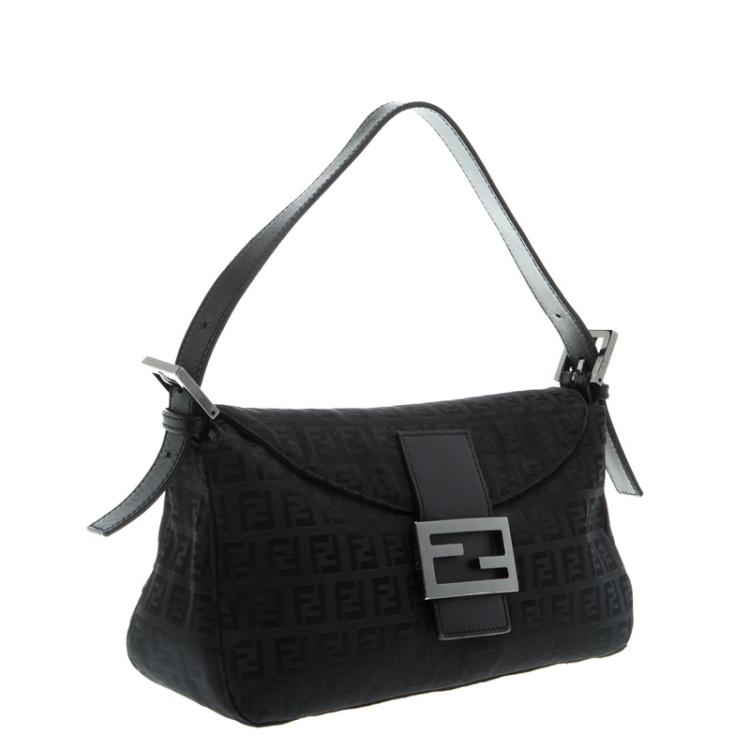 Pre Owned Fendi Black Zucchino Fabric Baguette Shoulder Bag