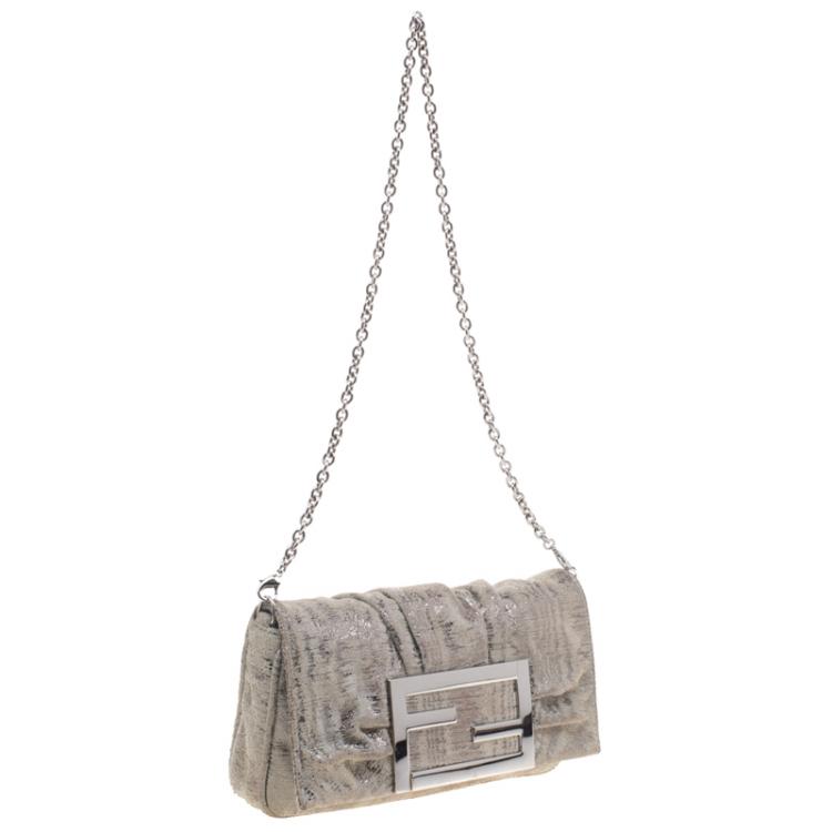 Pre Owned Fendi Light Green Suede Glitters Mia Pochette Bag
