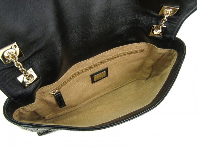 Pre Owned Fendi Black Sequin/Leather Baguette Chain Flap Bag