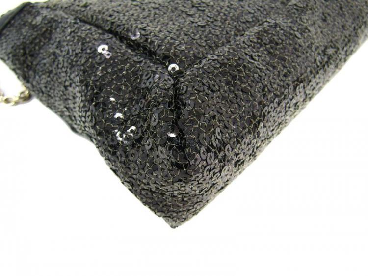 Pre Owned Fendi Black Sequin/Leather Baguette Chain Flap Bag