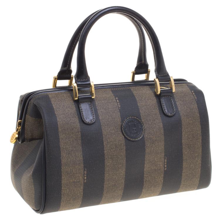 Pre Owned Fendi Tobacco Pequin Coated Canvas Boston Bag
