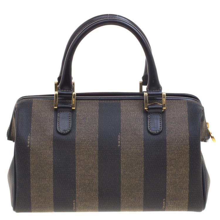 Pre Owned Fendi Tobacco Pequin Coated Canvas Boston Bag
