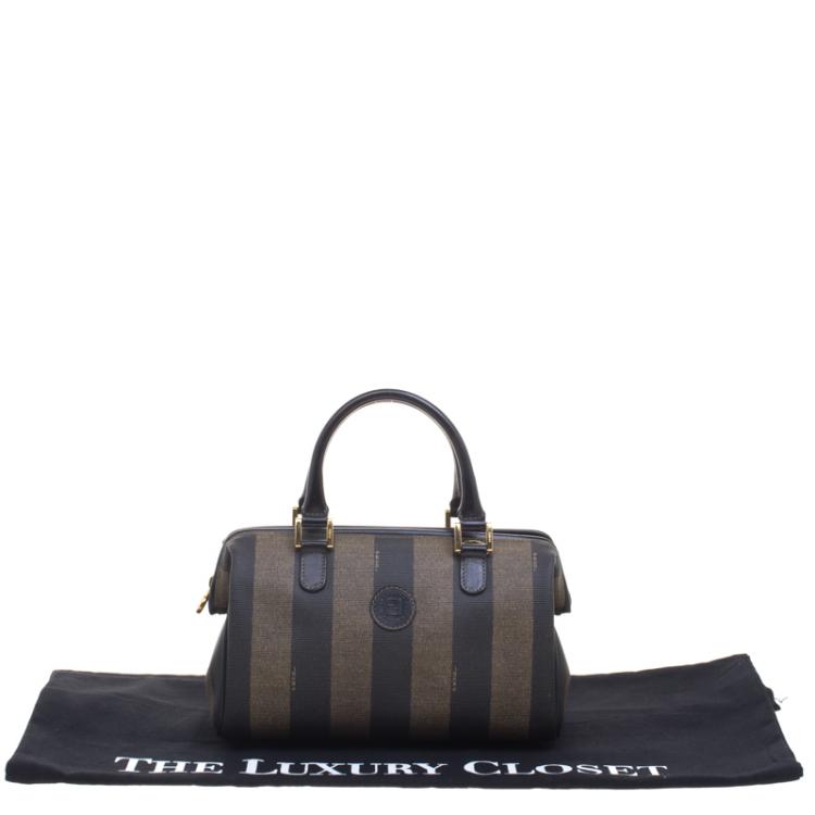 Pre Owned Fendi Tobacco Pequin Coated Canvas Boston Bag
