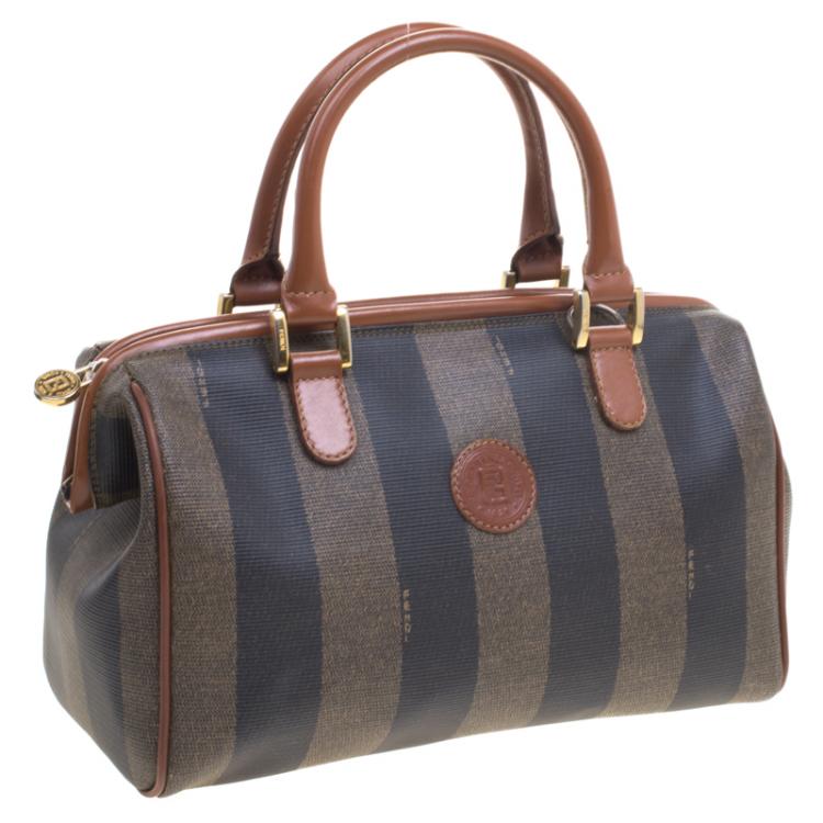 Pre Owned Fendi Tobacco Pequin Coated Canvas Boston Bag
