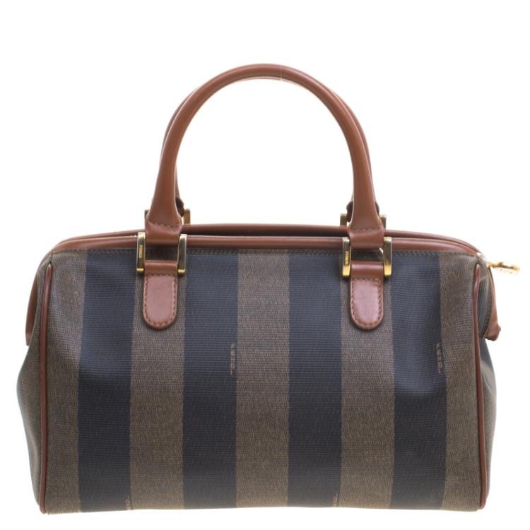 Pre Owned Fendi Tobacco Pequin Coated Canvas Boston Bag
