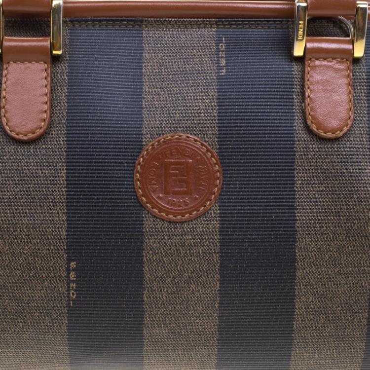 Pre Owned Fendi Tobacco Pequin Coated Canvas Boston Bag
