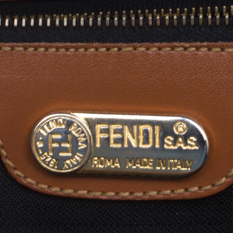 Pre Owned Fendi Tobacco Pequin Coated Canvas Boston Bag
