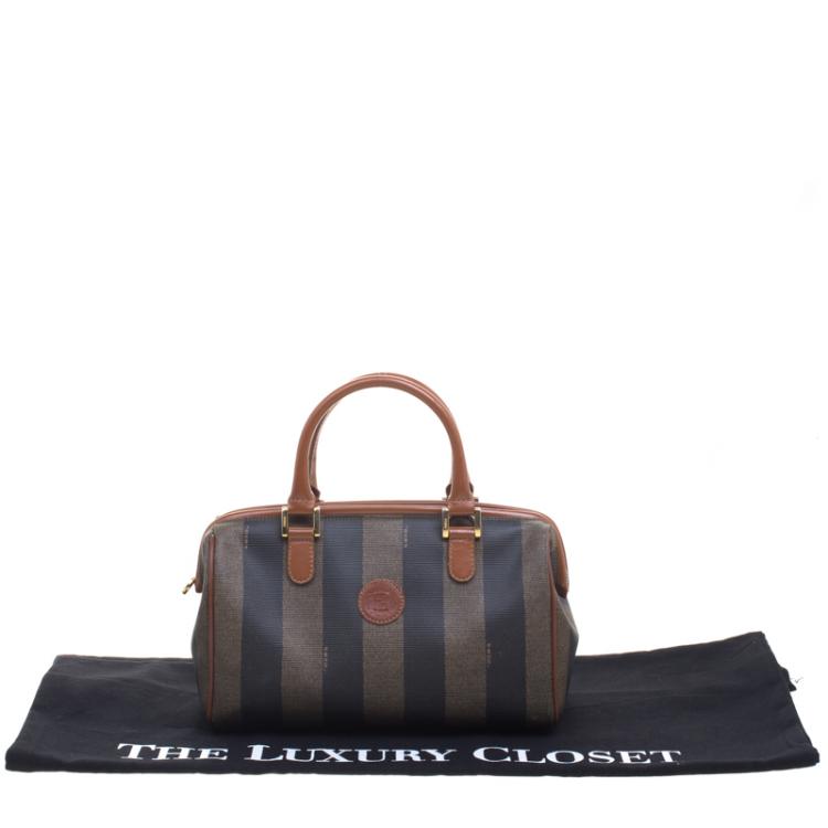 Pre Owned Fendi Tobacco Pequin Coated Canvas Boston Bag
