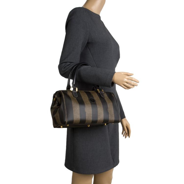 Pre Owned Fendi Tobacco Pequin Coated Canvas Boston Bag